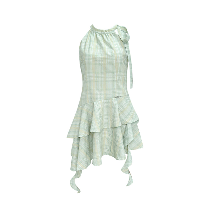 AsGony Bow Tie Ribbon Ruffled Plaid Halter Dress Green