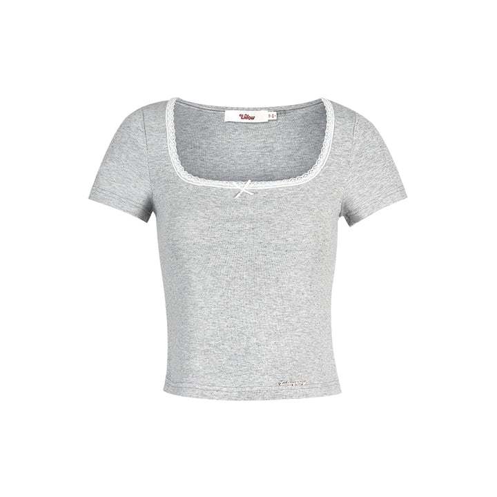 Liilou Bow Lace Edge Square Neck T-Shirt Gray