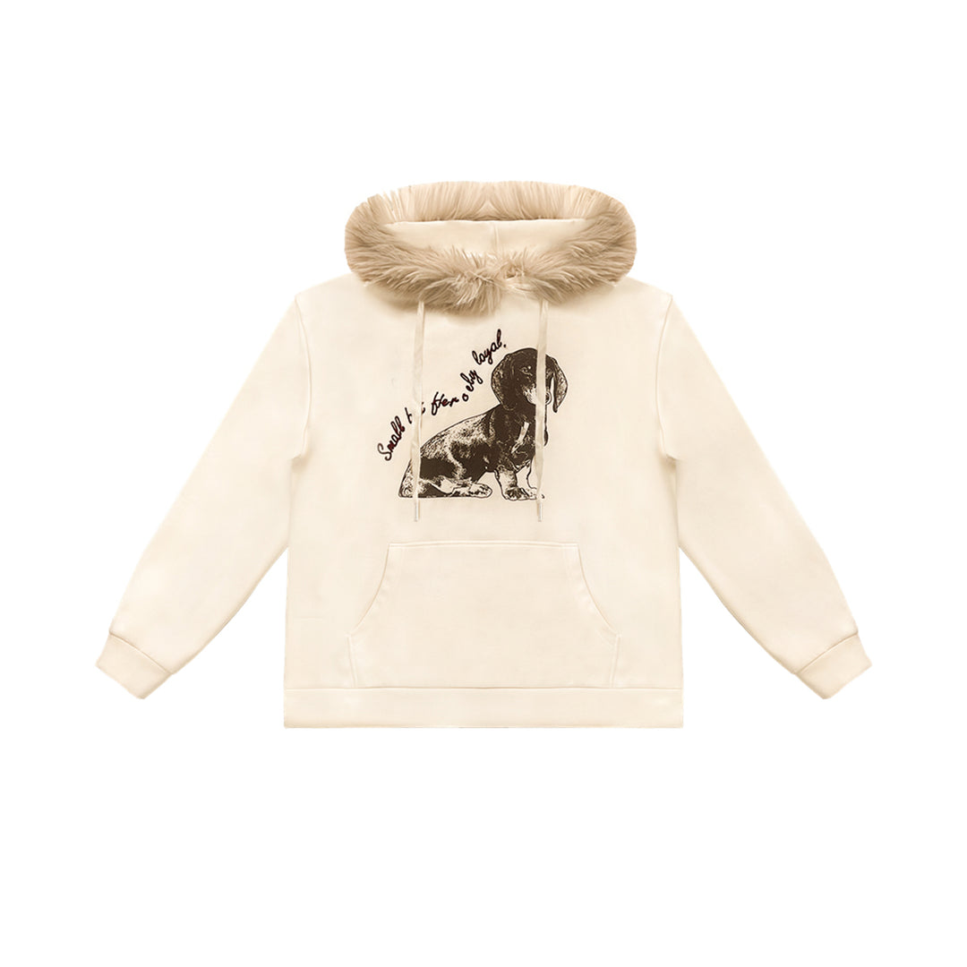 AsGony Puppy Printed Fur Collar Fleece-Lined Hoodie