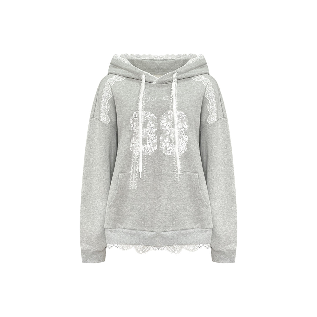 AsGony Lace Edge Drawstring Hoodie Gray