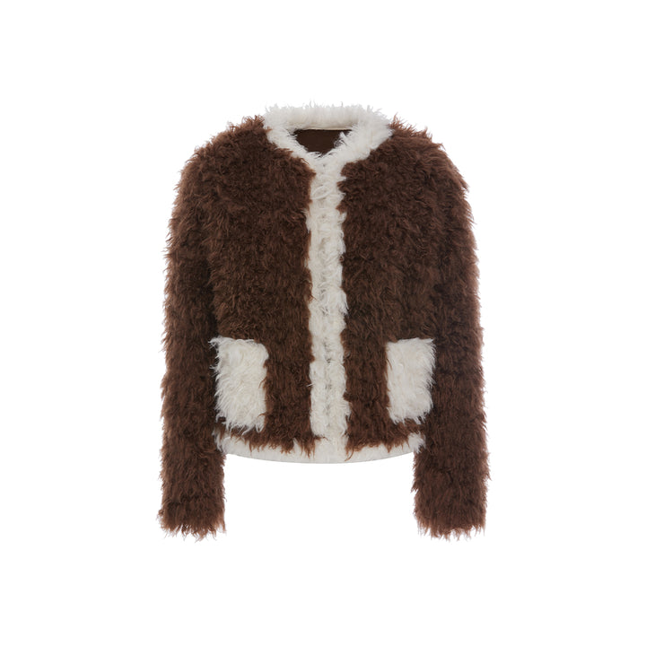 Rocha Roma Color Blocked Curly Fur Jacket Brown