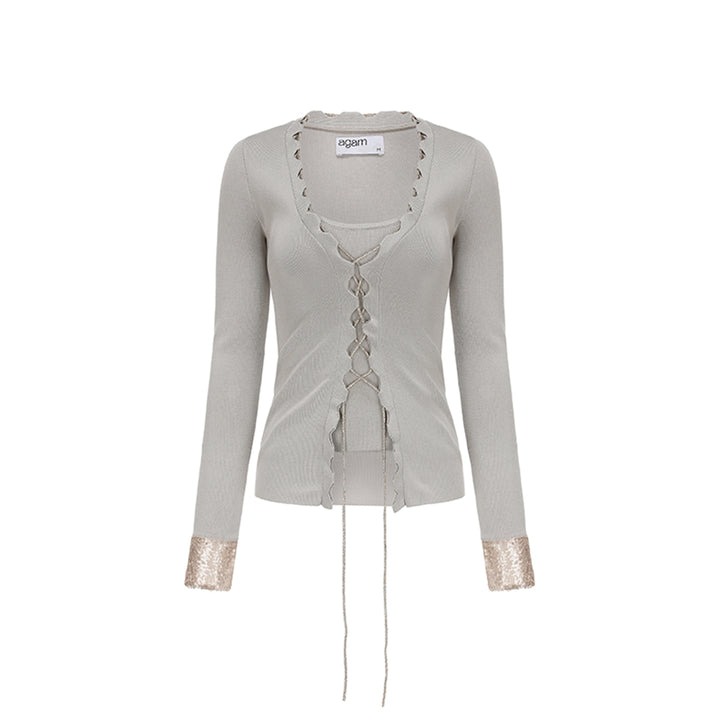 AGAM Lace Up Sequin Patchwork Knit Cardigan Vest Set