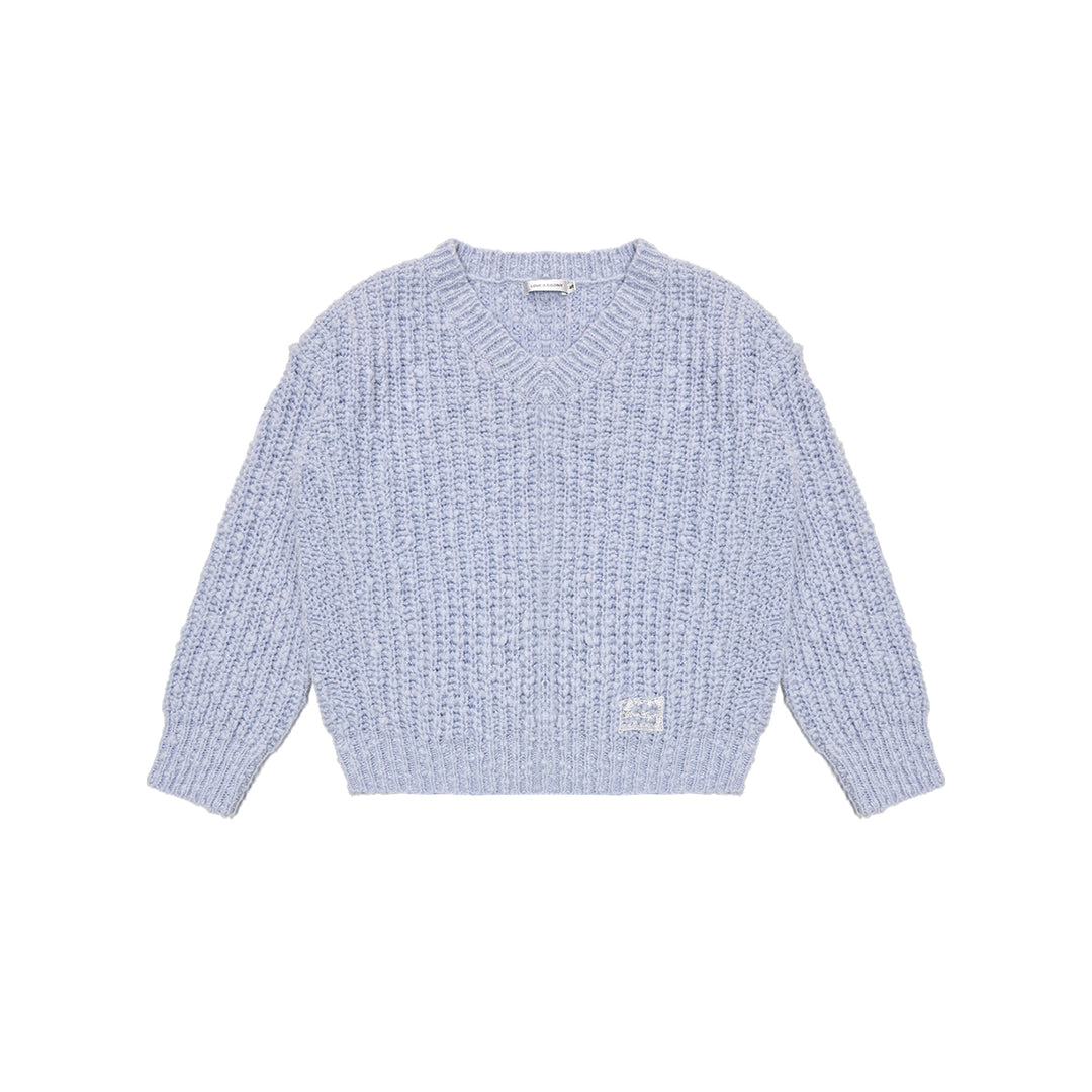 AsGony Blended Woolen V-Neck Knit Sweater Blue