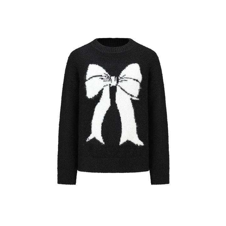 Alexia Sandra Contrast Color Bow Jacquard Knit Sweater Black