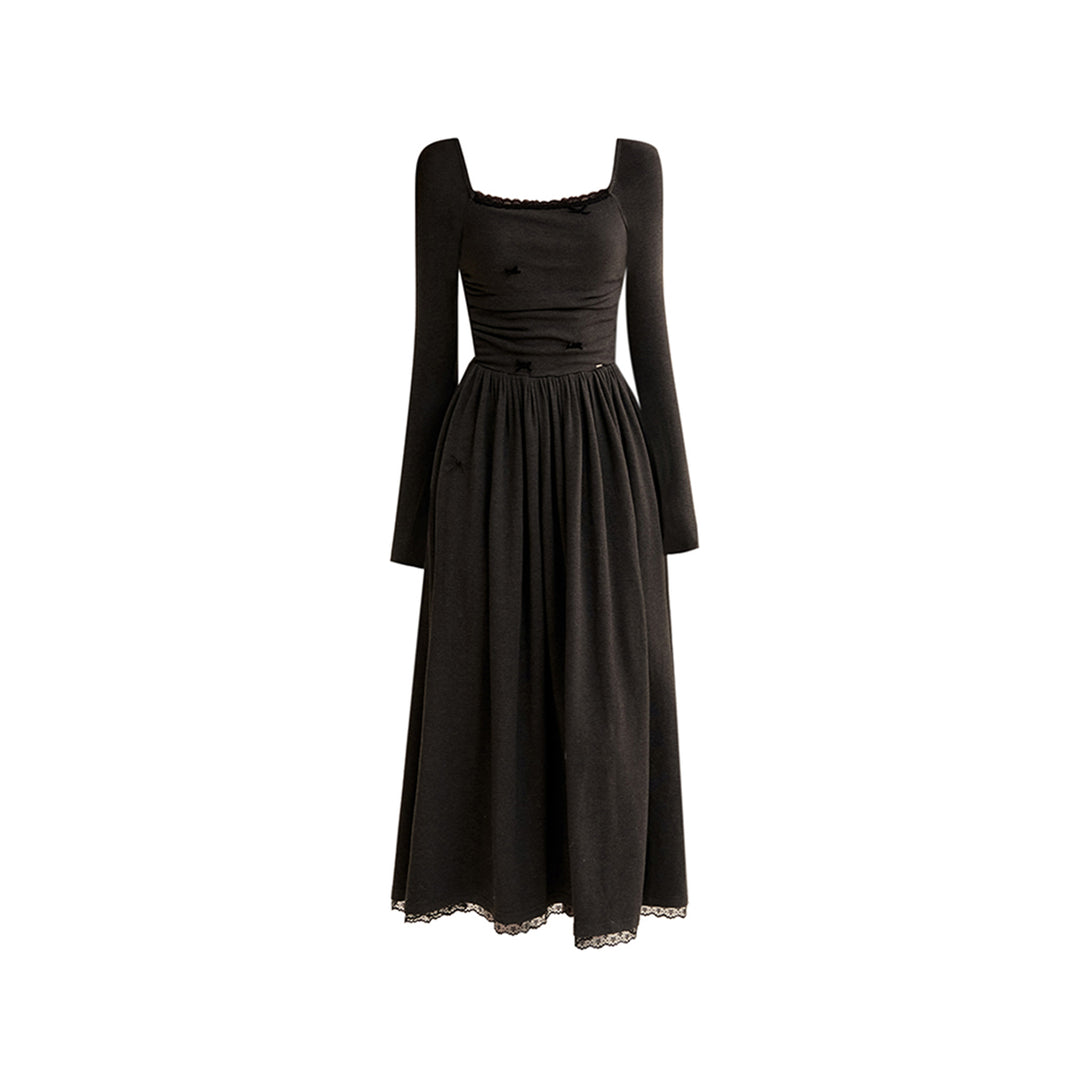 Kroche Velvet Bow Square Neck Waisted Dress Black