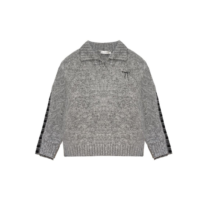 AsGony Plaid Patch Embroidery Knit Sweater Gray