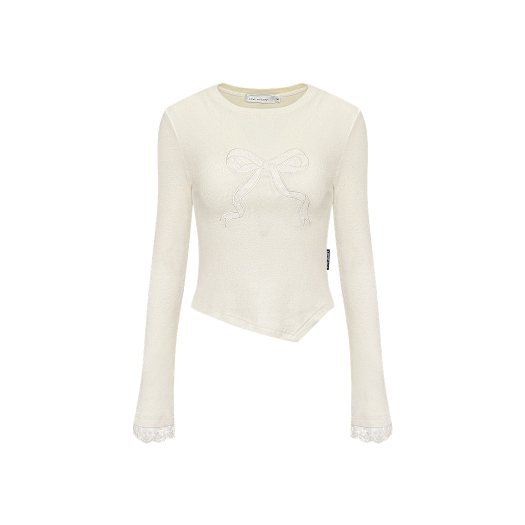 AsGony Bow Lace Edge Irregular Slim Top Beige