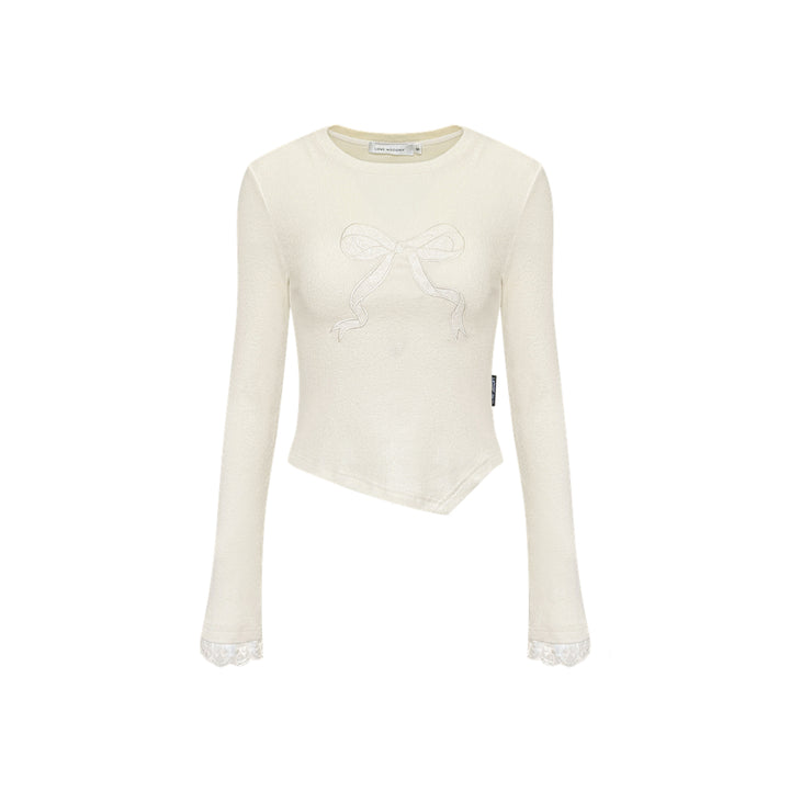 AsGony Bow Lace Edge Irregular Slim Top Beige