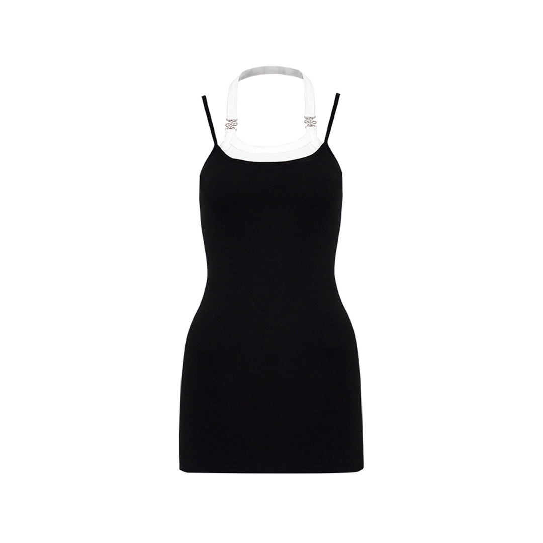 Liilou Fake-2-Piece Halter Waisted Slip Dress Black