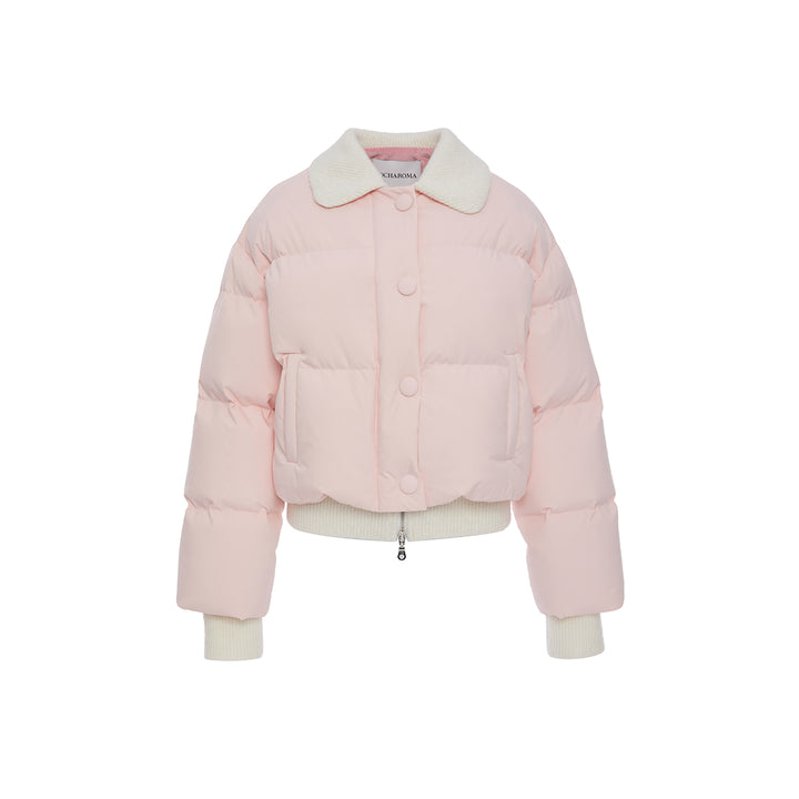 Rocha Roma Patchwork Knit Lapel Short Down Jacket Pink