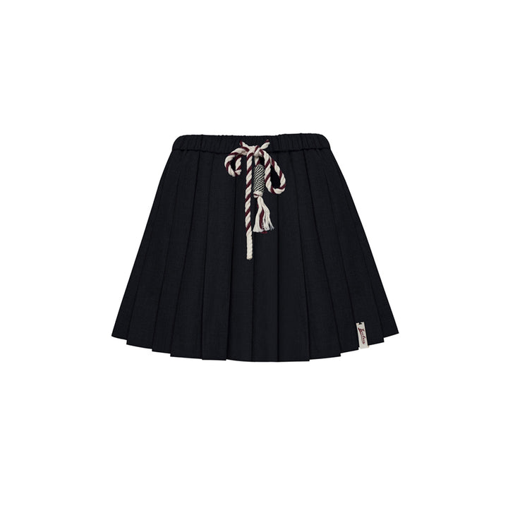 Liilou Contrast Color Drawstring Tweed Pleated Skirt Black