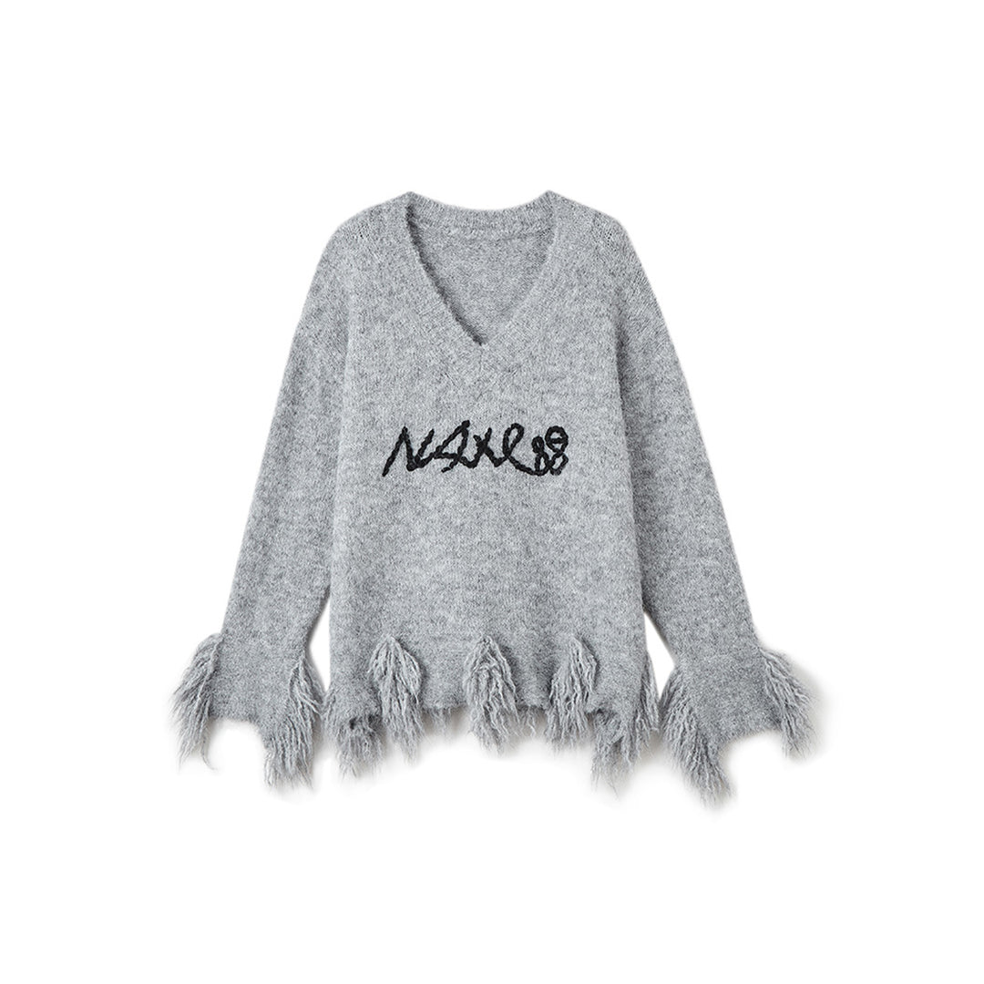 NotAwear Crochet Destroy V-Neck Oversized Woolen Sweater - Mores Studio