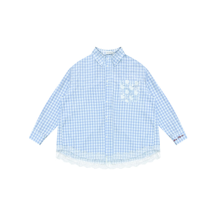 AsGony Lace Patchwork Embroidery Plaid Shirt Blue