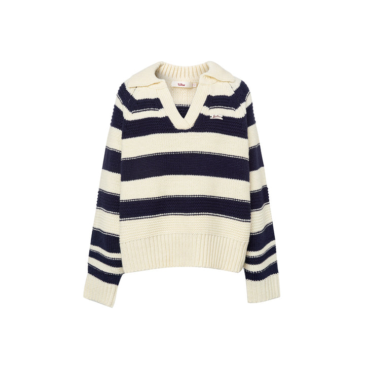 Liilou Contrast Color Striped Lapel V-Neck Knit Sweater