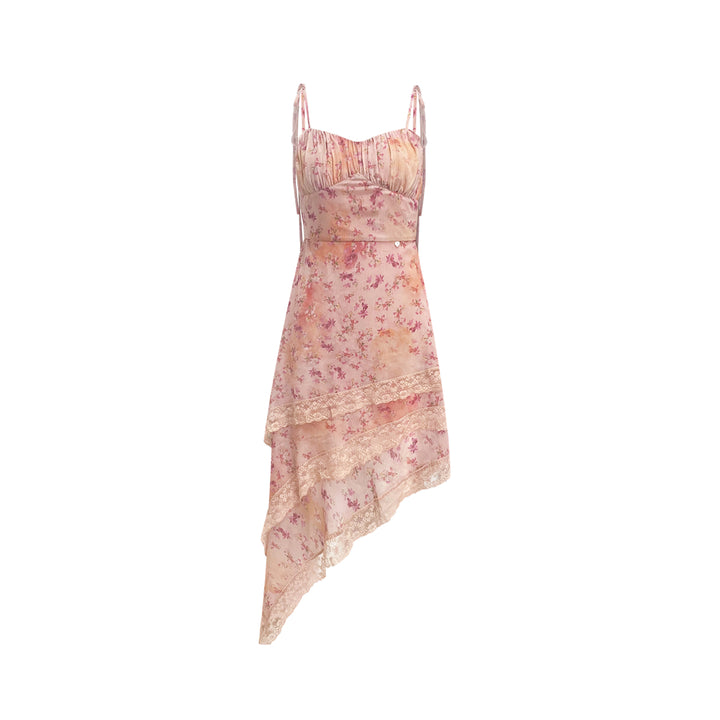 AsGony Irregular Lace Patchwork Floral Slip Dress