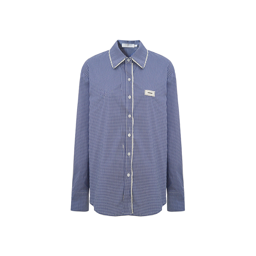 Kroche Lace Edge Plaid Casual Shirt Blue