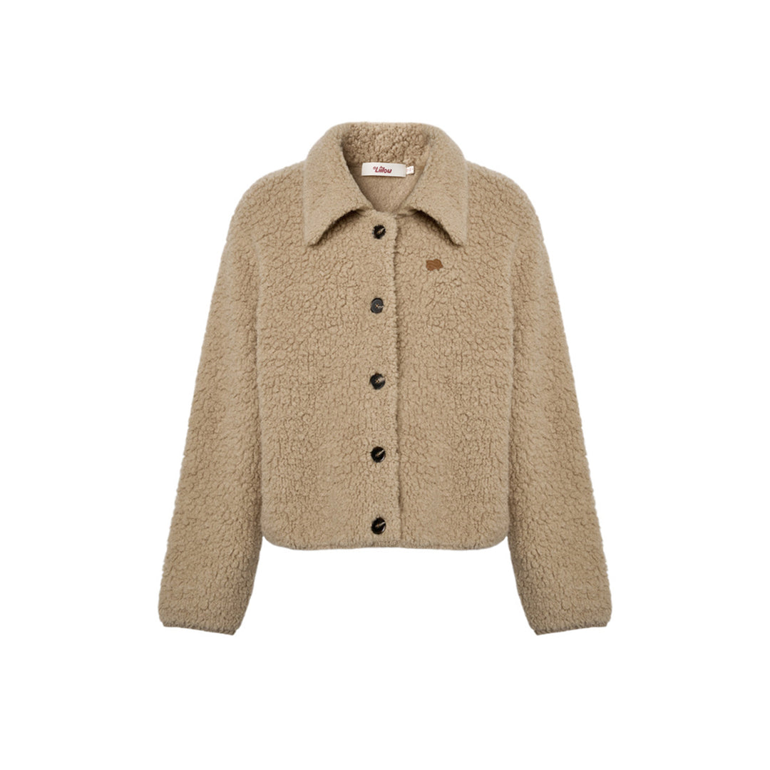 Liilou Loop Woolen Lapel Fleece Cardigan Khaki