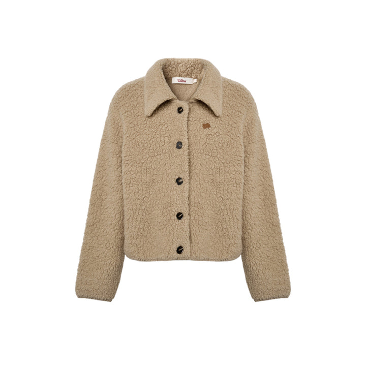 Liilou Loop Woolen Lapel Fleece Cardigan Khaki