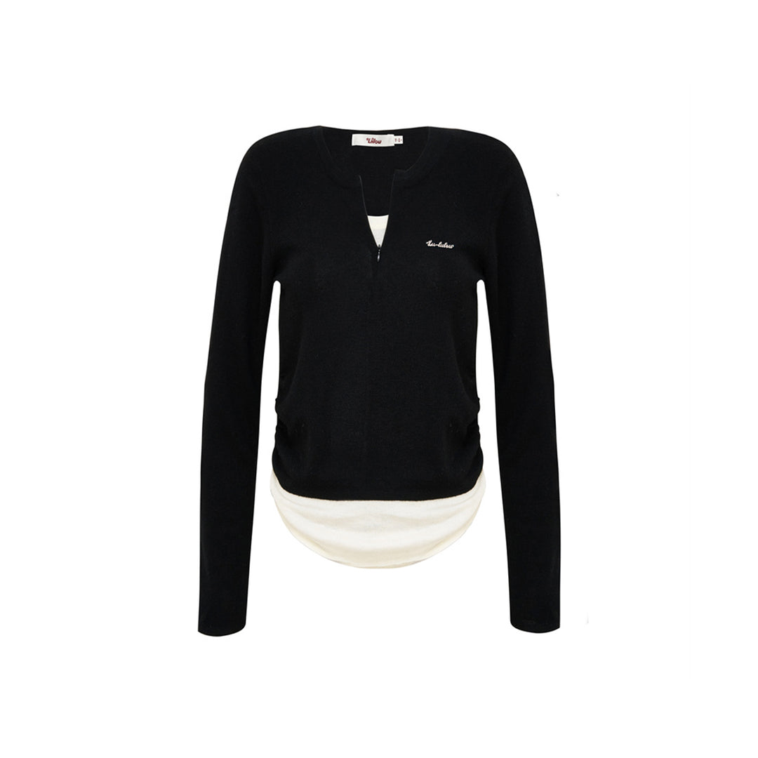 Liilou Fake-2-Piece V-Neck Woolen Knit Top Black