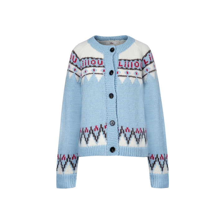 Liilou Fair Isle Jacquard Woolen Knit Cardigan Blue