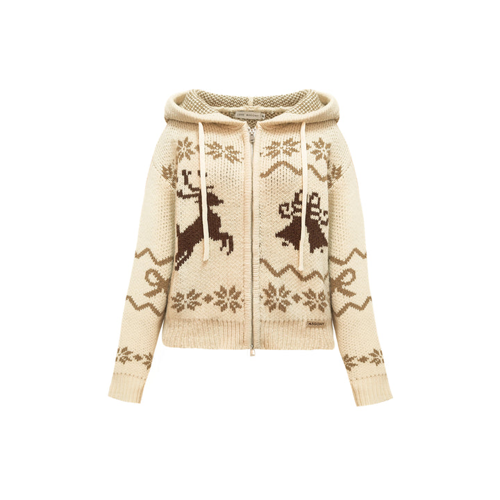 AsGony Fair Isle Moose Jacquard Retro Hooded Knit Cardigan Khaki