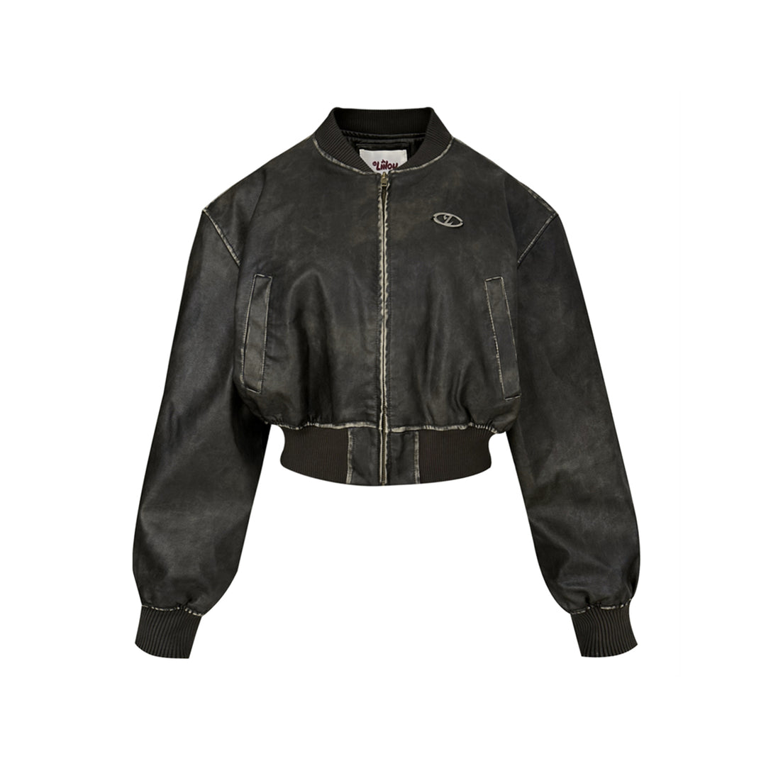 Liilou Washed Distressed Short Leather Jacket Black