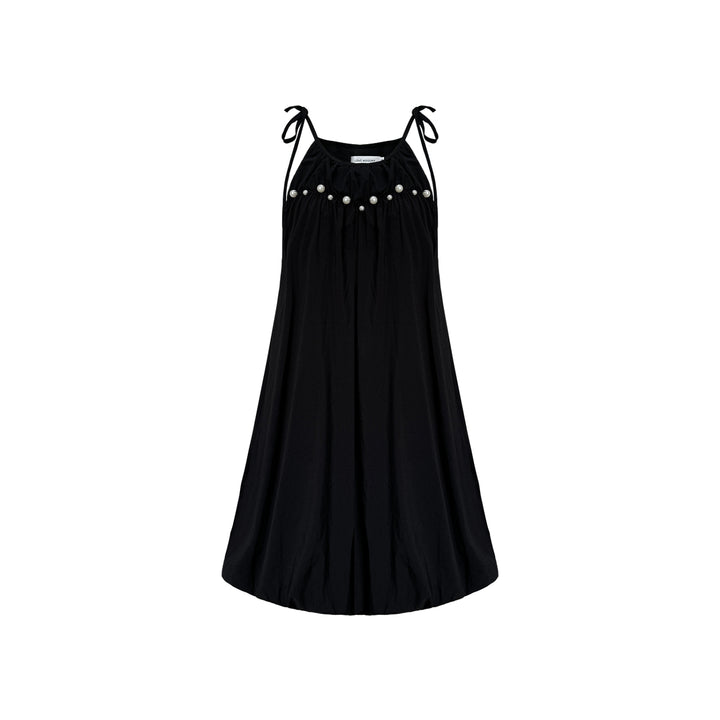 AsGony Pearl Bud Slip Puffy Dress Black