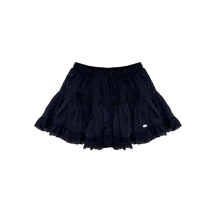 AsGony Retro Lace Edge Elastic-Waist Puffy Skirt Navy Blue