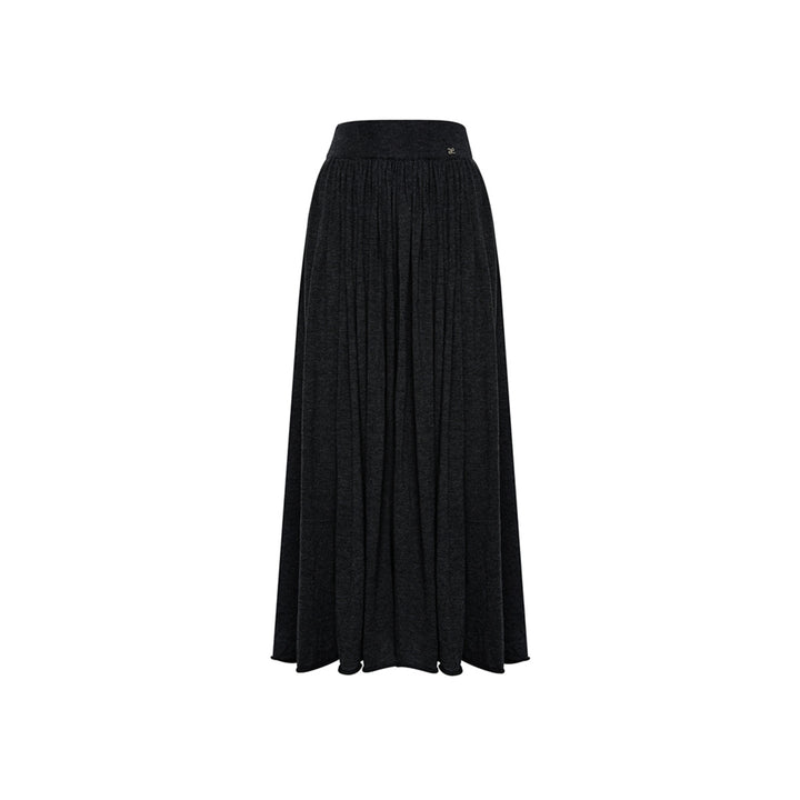 Liilou Draped Elastic-Waist Woolen A-Line Long Skirt Black