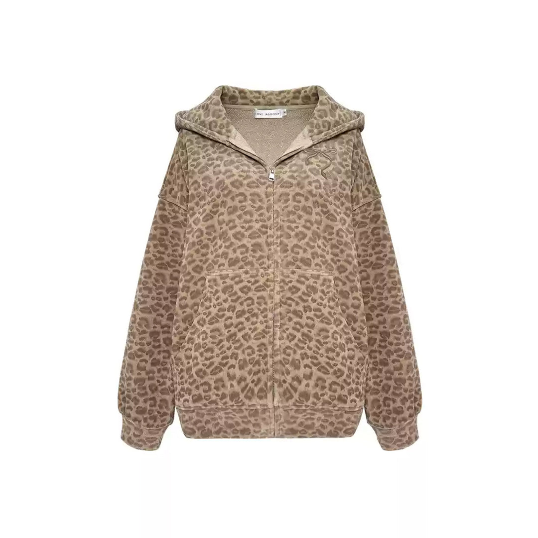 AsGony Leopard Bow Embroidery Hoodie Brown