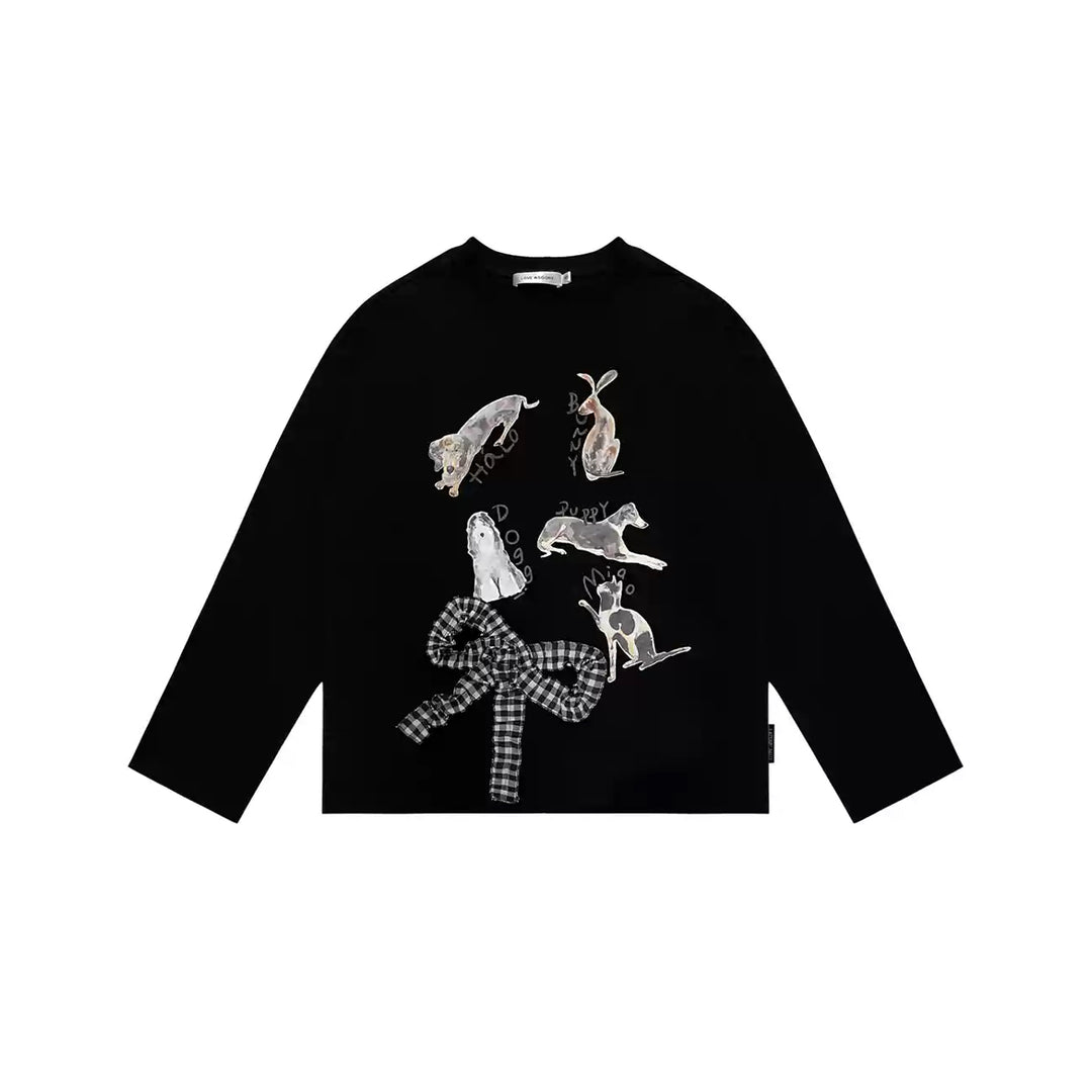 AsGony 3D Bow Knot Cartoon Casual L/S T-Shirt Black