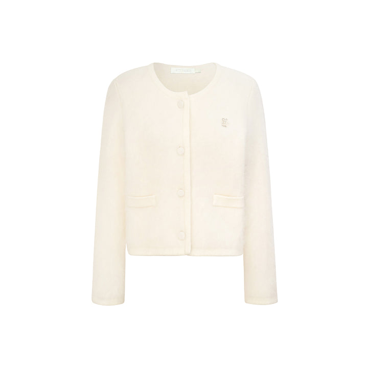 Kroche Blended Rabbit Hair Short Knit Cardigan White