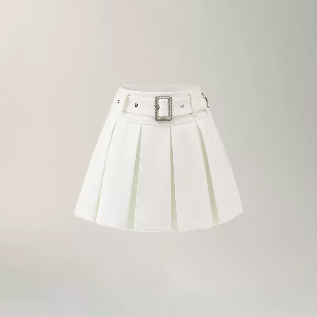 MacyMccoy High-Waist Belt A-Line Pleated Skirt White