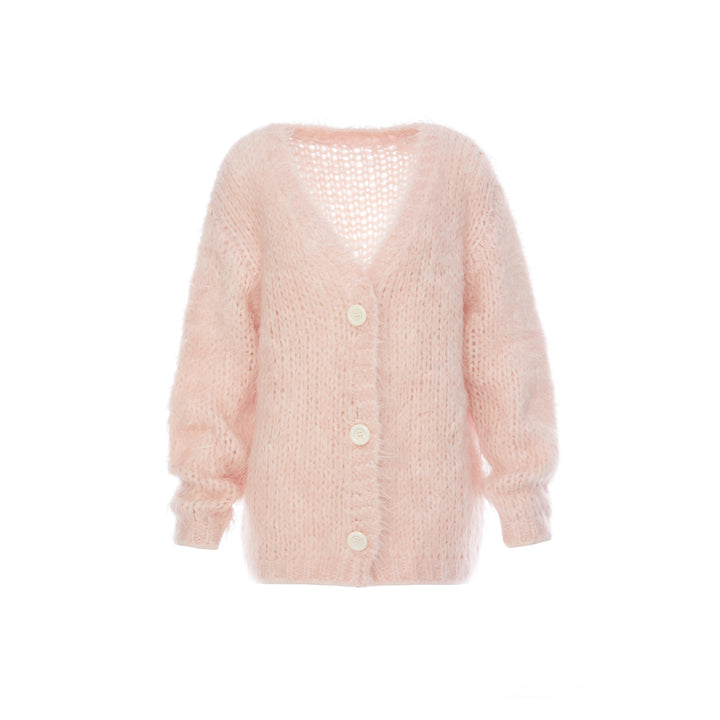 Rocha Roma Mohair V-Neck Knitted Cardigan Pink