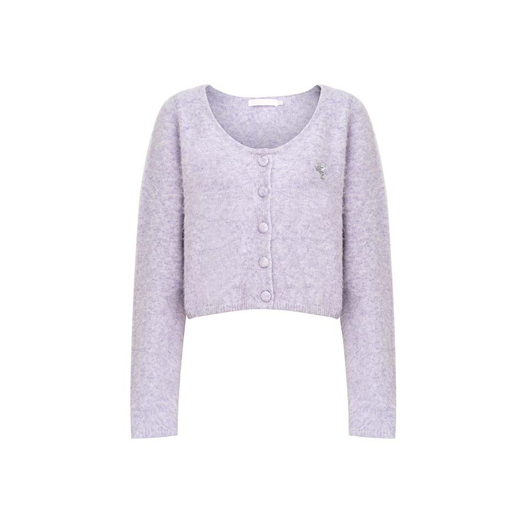 Kroche Sequin Embroidery U-Neck Woolen Cardigan Purple