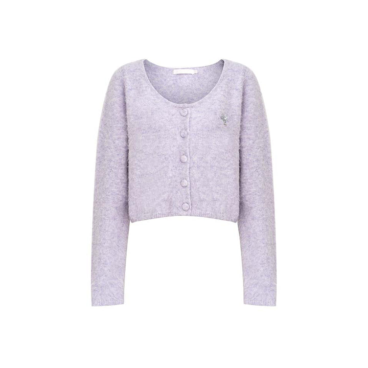 Kroche Sequin Embroidery U-Neck Woolen Cardigan Purple