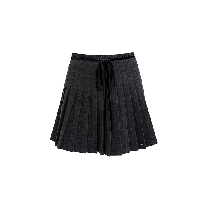 Kroche Velvet Patchwork Double Waist Bow Pleated Skirt