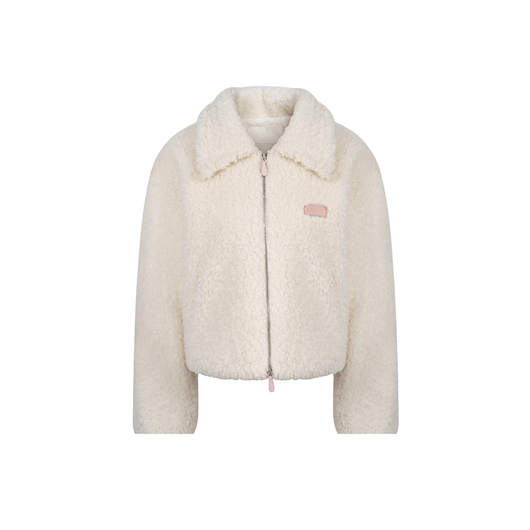 Kroche Lapel Double Zipper Woolen Fleece Jacket White