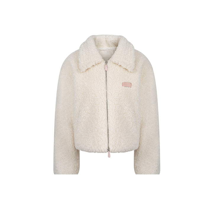 Kroche Lapel Double Zipper Woolen Fleece Jacket White