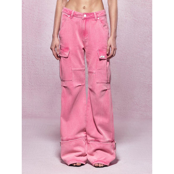 IFIK Wide-Leg Pocket Denim Cargo Pants Pink - Mores Studio