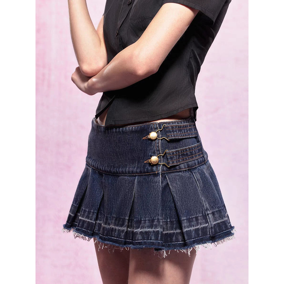 IFIK Metal Button Mini Pleated Skirt Blue - Mores Studio