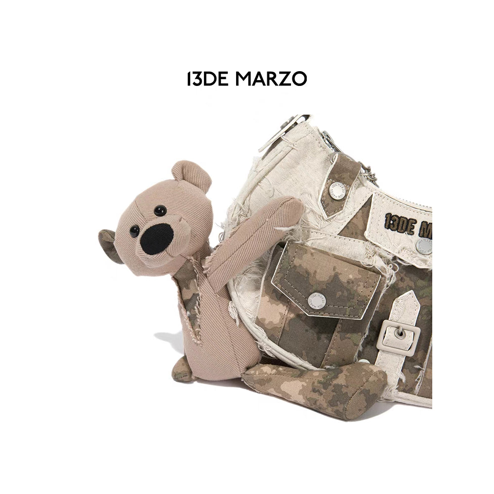 13De Marzo Plush Bear Camo Denim Shoulder Bag Khaki - Mores Studio