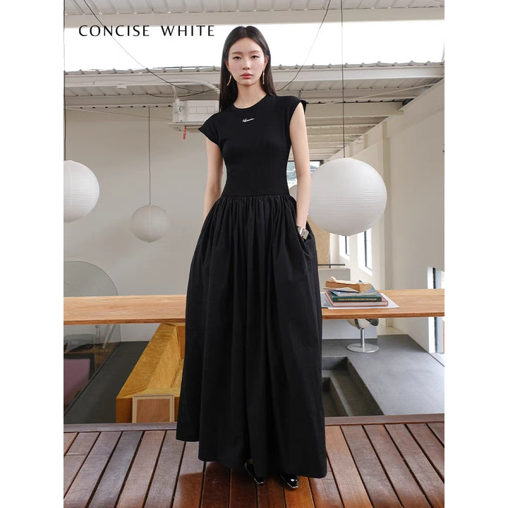 Concise-White Stitching Printed Logo Dress Black - Mores Studio