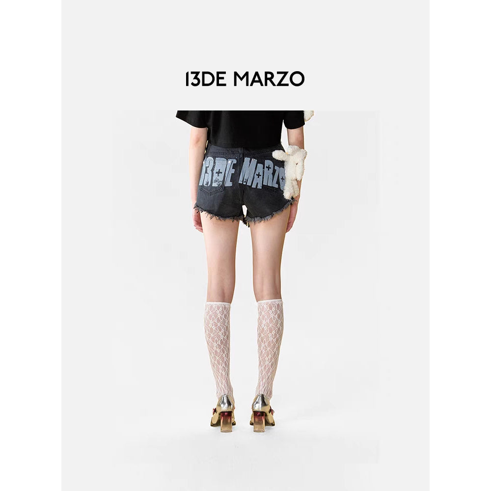 13De Marzo Graffiti Double Layered Denim Shorts Black - Mores Studio