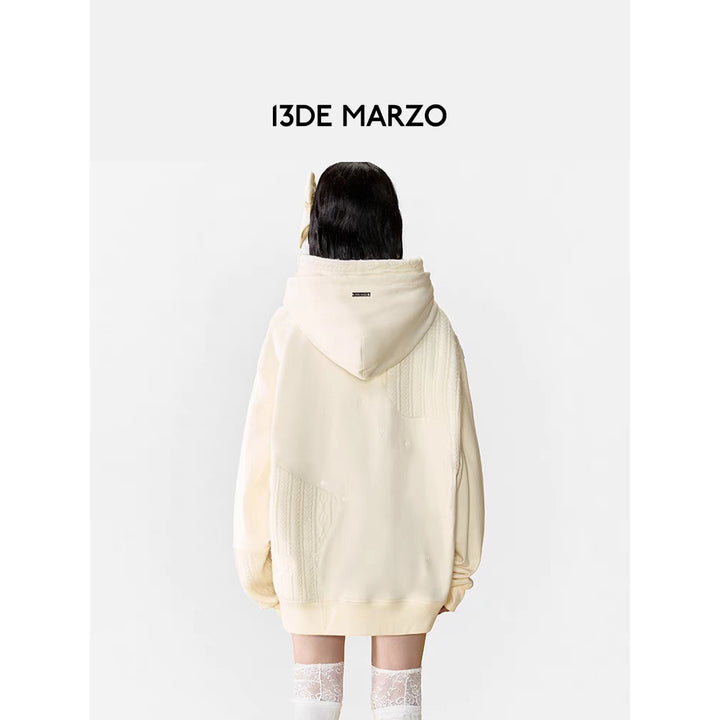 13De Marzo Bear Patchwork Knit Layered Hoodie Beige - Mores Studio