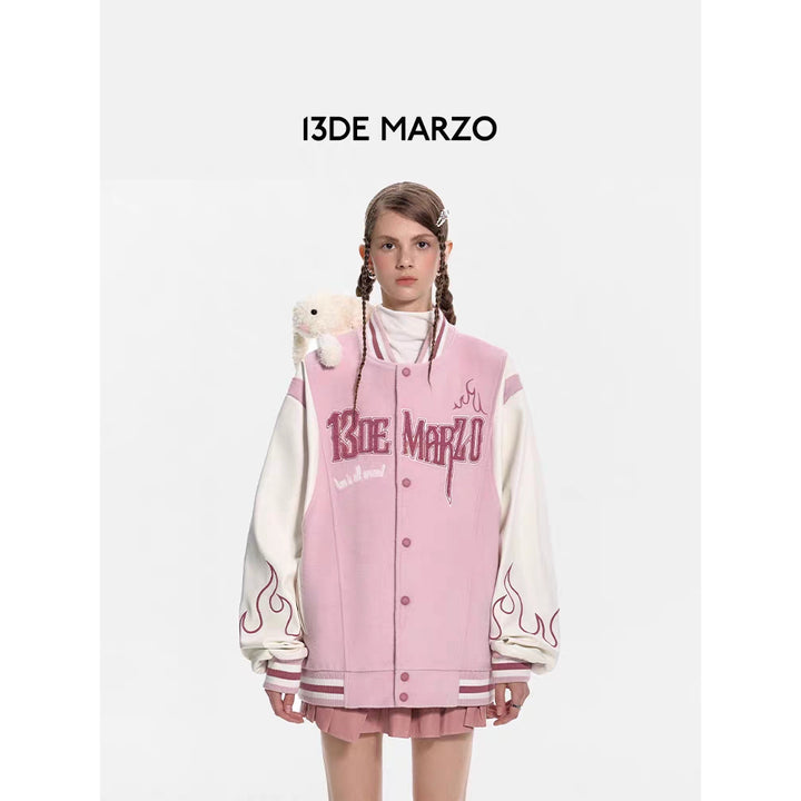 13De Marzo Plush Rabbit Flame Baseball Jacket Pink - Mores Studio