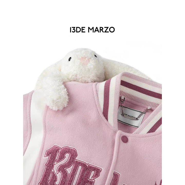 13De Marzo Plush Rabbit Flame Baseball Jacket Pink - Mores Studio