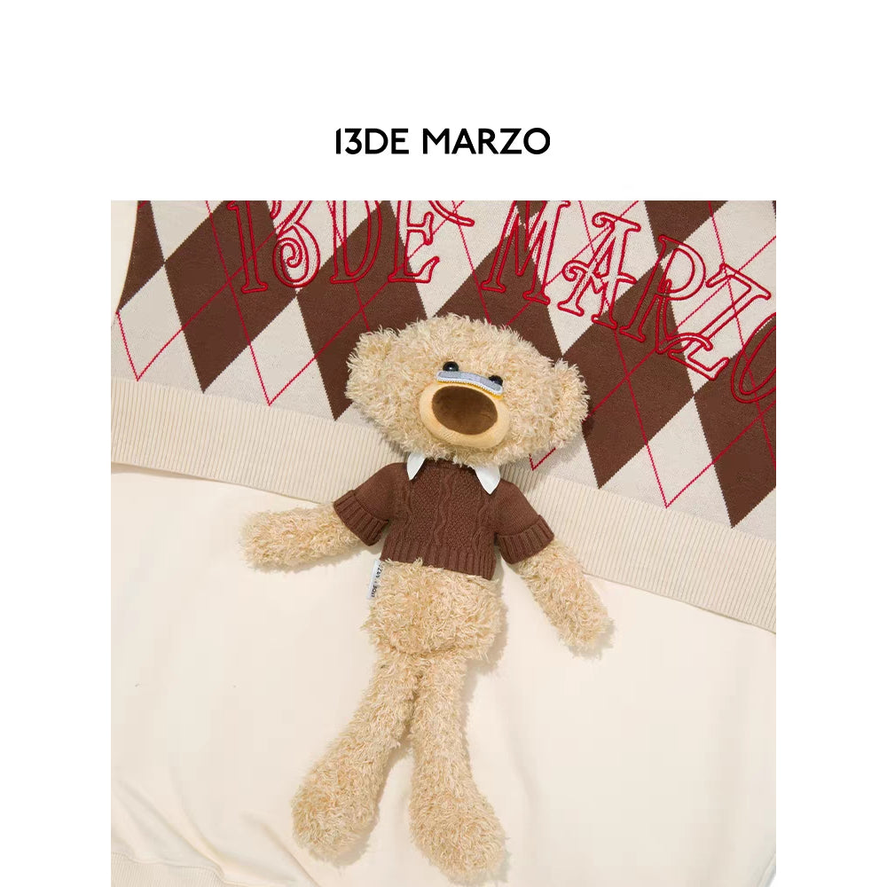 13De Marzo Plush Bear Retro Pattern Knit Hoodie Beige - Mores Studio