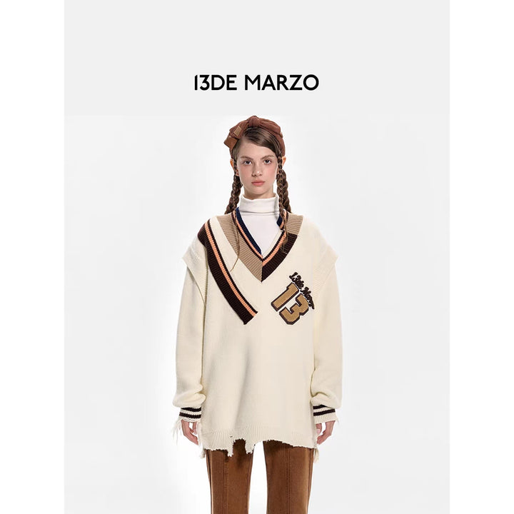 13De Marzo Offset Logo Broken Knit Sweater Beige - Mores Studio