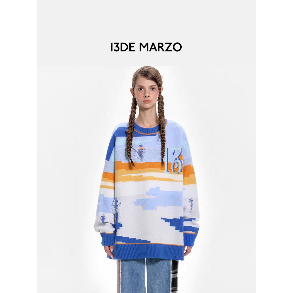 13De Marzo Jacquard Mosaic Scene Knit Sweater Blue - Mores Studio